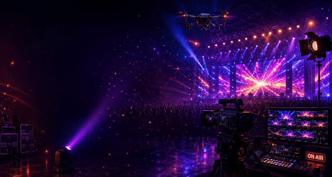 Live event production crew filming a concert stage